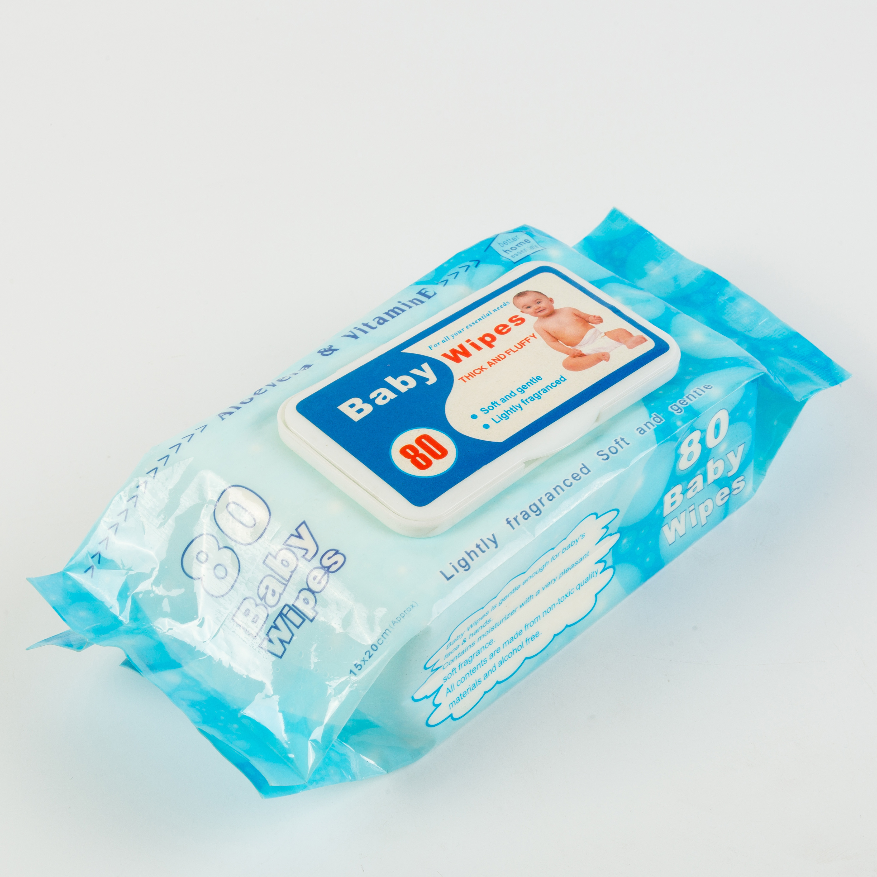 Toallitas orgánicas para bebés de venta caliente para la piel sensible tela no tejida toallita húmeda en el ecológico en 80pcs
